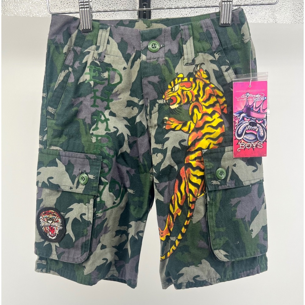 Y2K Ed Hardy‎ Kids Boys Green Cargo Shorts Camo Tiger Patch Size 6/7 NWT